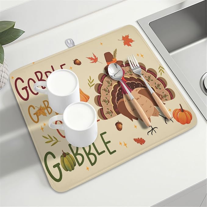 Thanksgiving Turkey Dish Drying Mat for Kitchen Counter 16x18 Inch Pumpkin Dish Drainer Mat Absorbent Microfiber Gobble Dish Rack Pad for Fall Holiday Coffee Dining Bar Decor