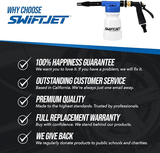 SwiftJet Car Wash Foam Gun + Microfiber Wash Mitt - Foam Cannon Works with Any Soap - Garden Hose Car Foam Sprayer - Car Wash Kit - Car Accessories Foam Blaster (Blue Foam Gun with Mitt)