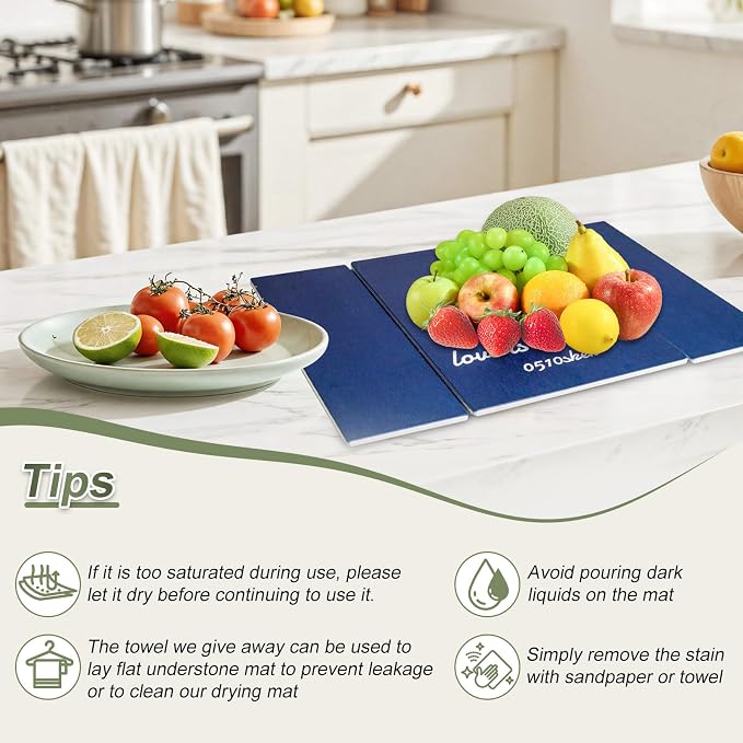 Dish Drying Mat Large Stone Dish Drying Mat For Kitchen Counter Collapsible Quick-Drying Sleek Diatomaceous Versatile Stone Drying Mats For Cups Dishes Bottles Marble (royalblue, 16"×19")
