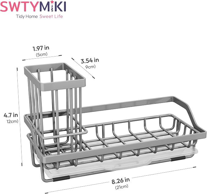 SWTYMIKI Sink Caddy Sponge Holder - Kitchen Sink Organizer with High Brush Holder for Countertop to Hold Dish Soaps and Sponges, Stainless Steel, Gray