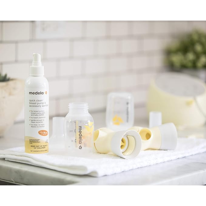 Medela Quick Clean Breast Pump and Accessory Sanitizer Spray Safe No Rinse Breastpump Sterilizer Eliminates 99.9 of Common Bacteria and Germs 8 Fluid Ounces, Clear