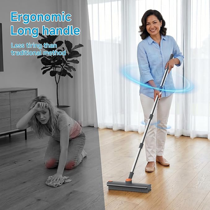 Pool Scrub Brush with 52" Pole, 3 in 1 Pool Cleaning Brush with Squeegee, Floor Scrub Brush with Long Handle, Deck Brush for Swimming Pool Tile Wall Patio Concrete Gray