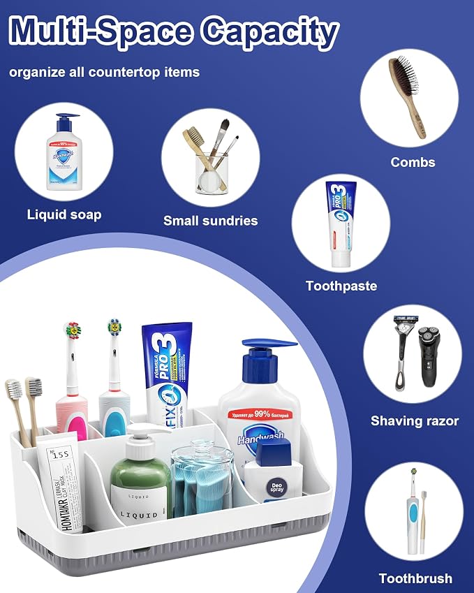 Bathroom Counter Organizer and Storage, 7 Slots Detachable Toothbrush Holders for Bathrooms, Anti-Slip Electric Toothbrush and Toothpaste Holder Countertop Vanity Organizer Accessories for Adults Kids