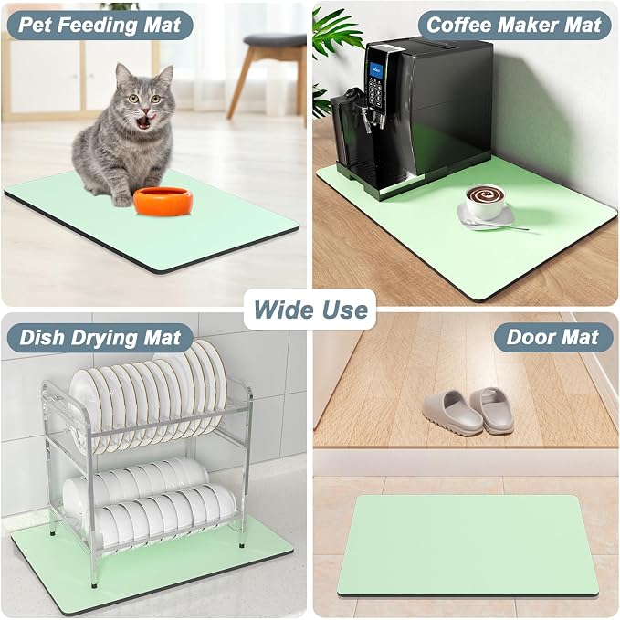 Rnivvi Coffee Mat, 12" x 19" Coffee Bar Mats for Espresso Machine Station Accessories and Organizer, Hide Stain Rubber Backed Absorbent Dish Drying Pad for Kitchen Counter, Cute Bar Decor Pad, Green
