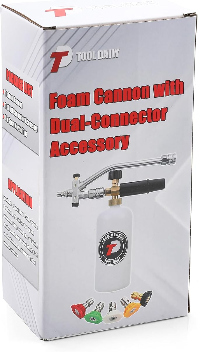 Tool Daily Foam Cannon with Dual Connector Accessory, 1/4" Quick Connect | 5 Pressure Washer Nozzle Tips, Foam Cannon for Pressure Washer, 1 Liter