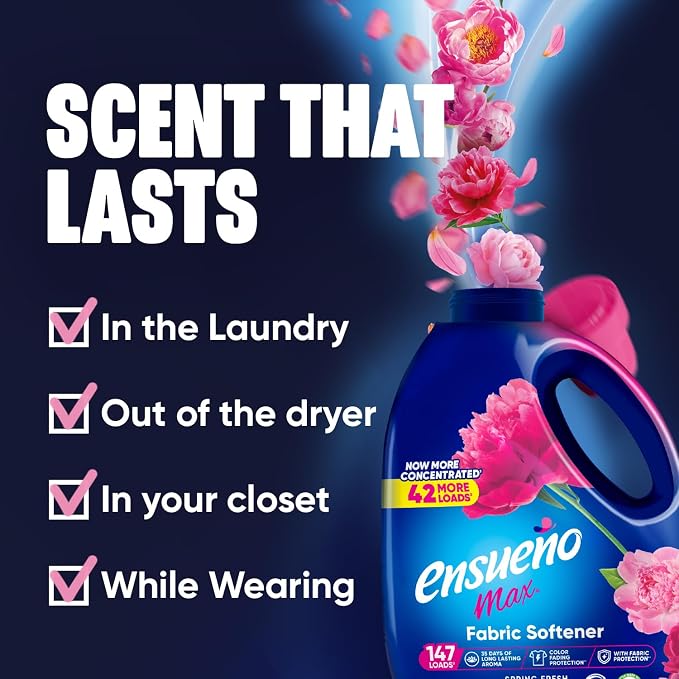 Ensueño Max Liquid Fabric Softener - Spring Fresh Scent - 125 fl oz | Color-Safe Fabric Softener Liquid - Softens 147 Loads - Reduces Wrinkles & Static
