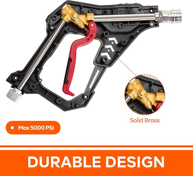 AURORA CAR Pressure Washer Short Gun, Commercial 5000 PSI 12 GPM, 1/4" QC | with 5 Spray Nozzle Tips, 3/8" Quick Connect Plug and M22-14/15mm Fittings, Power Washer Gun Compatible with Foam Cannon