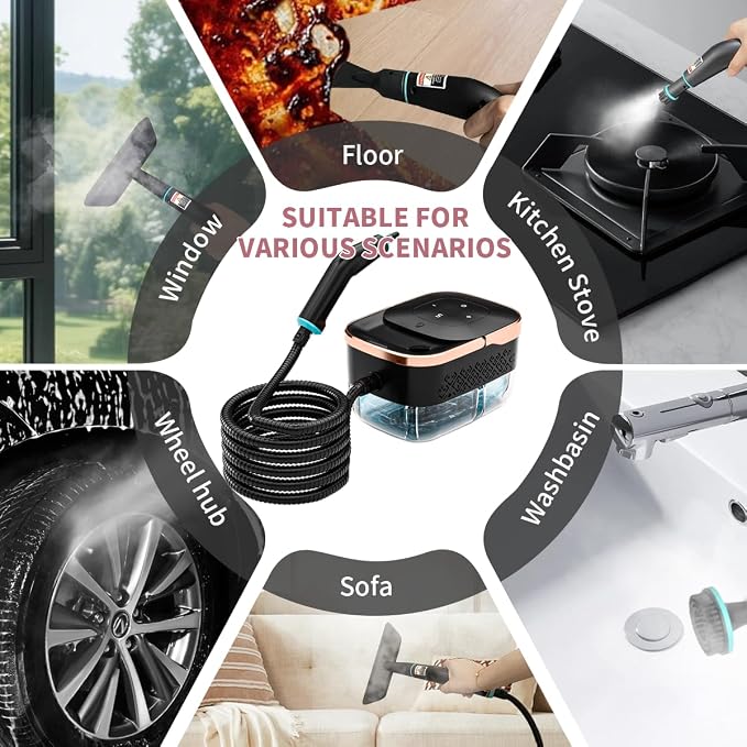 Handheld Steam Cleaner, 4 Bar Pressurized steam cleaner with 11 Accessories,15s Fast Heat-Up & 6-Level Adjustable,1500W Steamer for Cleaning Grout,Grease,Tile, Couch, Car Detailing, Windows & Floors
