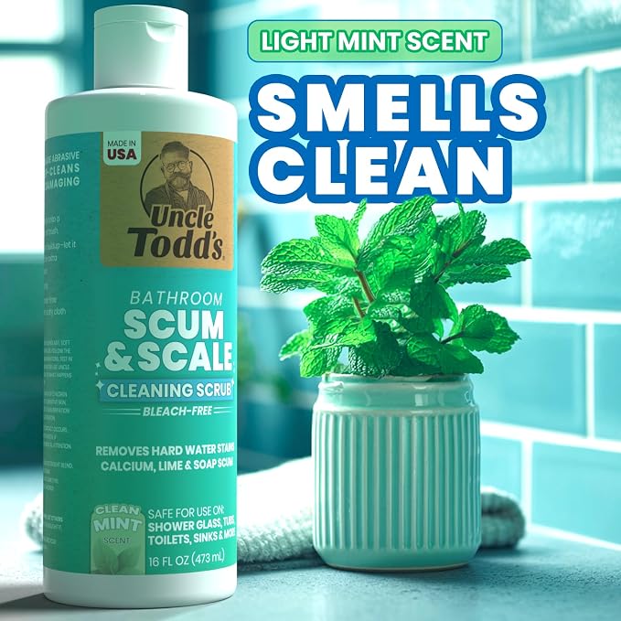 Uncle Todd's 16 oz Heavy Duty Hard Water Stain Remover & Soap Scum Remover for Shower - All Purpose Bathroom Cleaner Works on Glass Doors, Tiles, Bathtub, Toilet & Sink - Bleach-Free Mint Paste