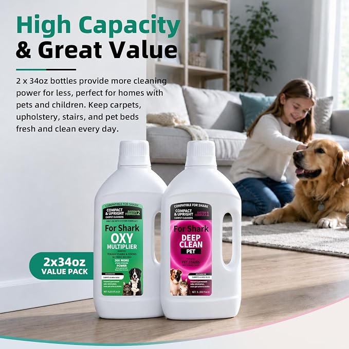 Carpet Cleaner Set Compatible with Shark Deep Clean Pet + OXY Multiplier | Two-bottle System; 68oz Total; Deep Clean Formula + OXY Booster Work Together for Pet Stains, Odors, Rugs & Upholstery