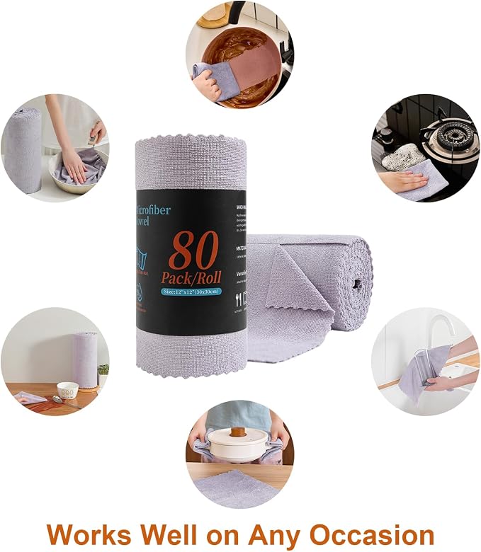 80 Pack Microfiber Cleaning Cloth Roll,Lint Free Rags & Tear Away Reusable Towels Washable Scratch,Ultra Absorbent Dish Rags(12" x 12") for Car Kitchen Home Garage-Light Purple