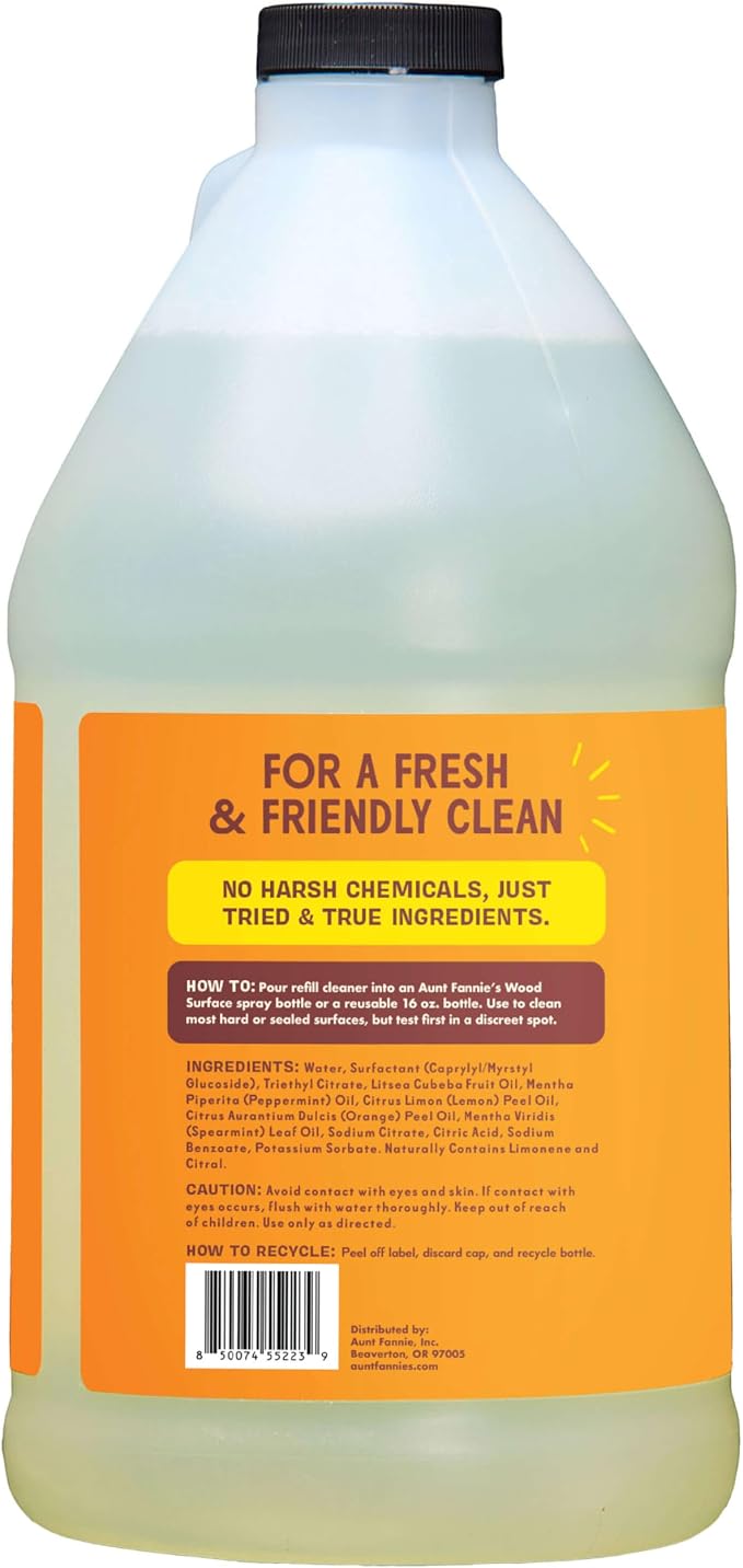 Aunt Fannie's All Purpose Wood Spray Clean Spray, Lemon, Refill 64 oz | No-Wax Formula, Removes Dust & Grime, Safe for Tables Counters Shelves Walls & Cabinets, Child and Pet Safe, Made in USA