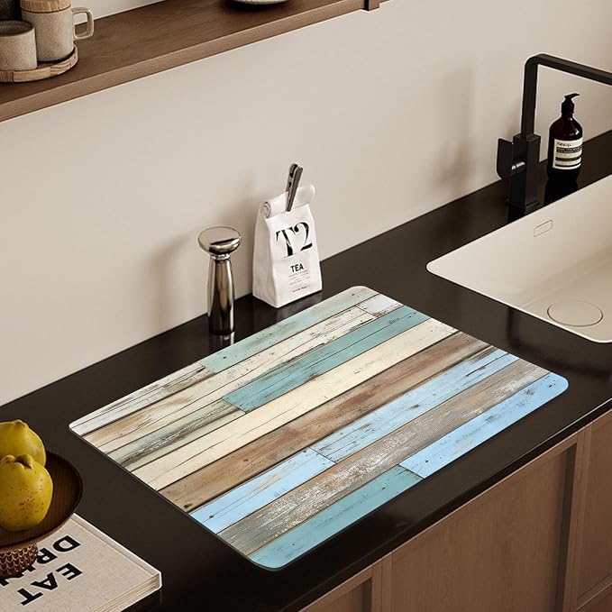 Dish Drying Mat for Kitchen Counter Wood Grain Splicing Absorbent Coffee Bar Mat Dish Drainer Rack Mat Drainer Pad Washable Foldable Ultra Absorbent Dry Mat 15.7" X 11.8"