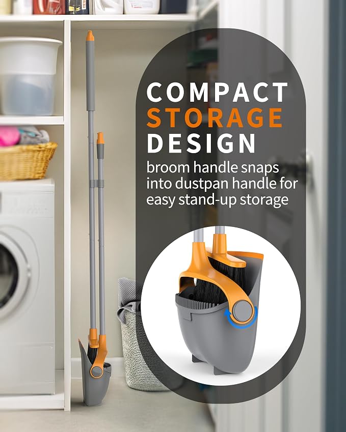 MR.SIGA Broom and Dustpan Set with Adjustable Long Handle, Gray & Orange | Stand upright broom with dustpan combo for home, office and garage easy sweeping and storage. 51.7"(131 cm) broom handle
