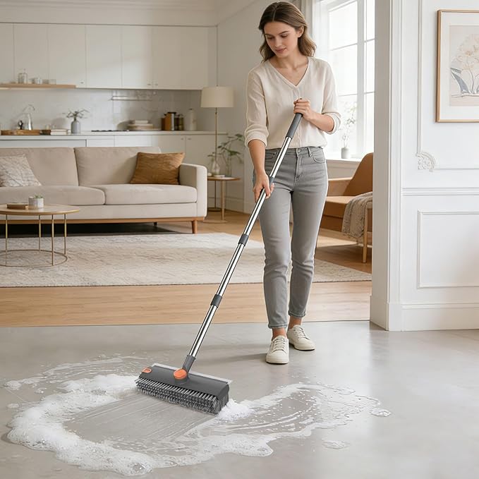 SetSail Floor Scrub Brush with 54in Adjustable Long Handle, Grey&Orange | 3 in 1 Floor Scrub Brush with Scraper and Stiff Bristle, Heavy Duty Floor Scrubber for Shower Bathroom Kitchen Patio Garage