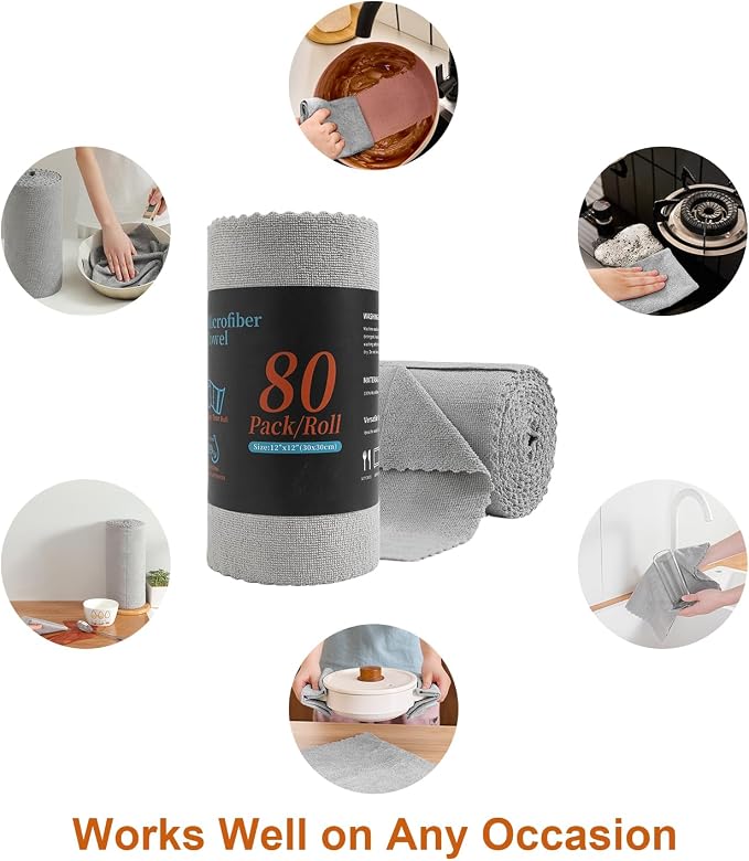 80 Pack Microfiber Cleaning Cloth Roll,Lint Free Rags & Tear Away Reusable Towels Washable Scratch,Ultra Absorbent Dish Rags(12" x 12") for Car Kitchen Home Garage-Light Gray