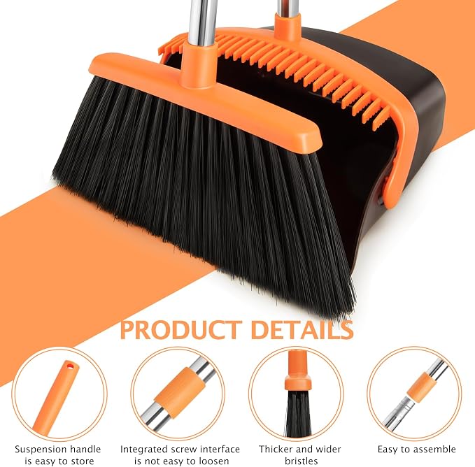 2-Pack Broom and Dustpan Combo Set, Long Handle, Brown Orange | Standing Dustpan, Heavy Dust,House Accessories for Home, Kitchen, Office, Pet Hair