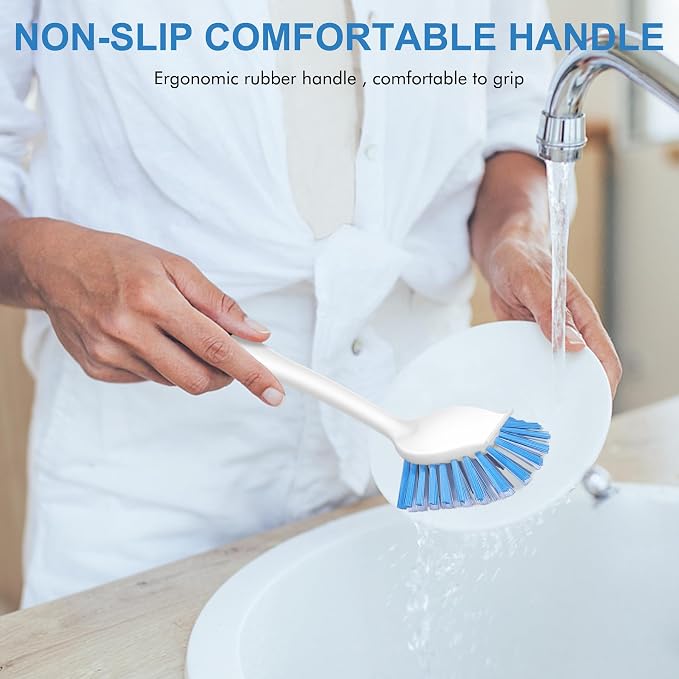 SetSail Dish Brush with Handle, 3 Pack Stiff Bristles Dish Scrubber with Built-in Scraper Dish Scrub Brushes for Cleaning Dishes, Pots and Pans, Kitchen Sink, 3 Pack, Black Blue