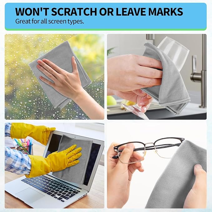 Microfiber Cleaning Cloth - 6 Pack Glasses Cleaning Cloth, 16" x 14" Window Cleaning Rags, Streak Free Lint Free Polishing Cloths Wipes for Eye Glass, Stainless Steel, Windshield, Grey