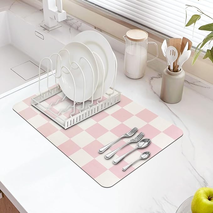 Dish Drying Mat for Kitchen Counter,12"x 19" Super Absorbent Kitchen Dish Drying Pad, Heat Resistant Drainer Mats with Non-slip Rubber Backed, Pink Checkered Coffee Bar Station Accessories