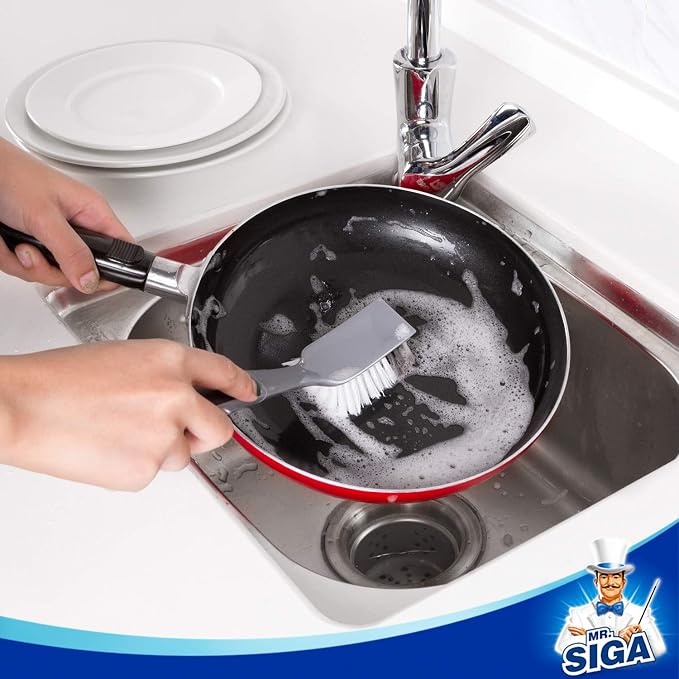 MR.SIGA Dish Brush with Non Slip Handle Built-in Scraper, Scrub Brush for Dish, Pans, Pots, Kitchen Sink Cleaning, 2 Pack