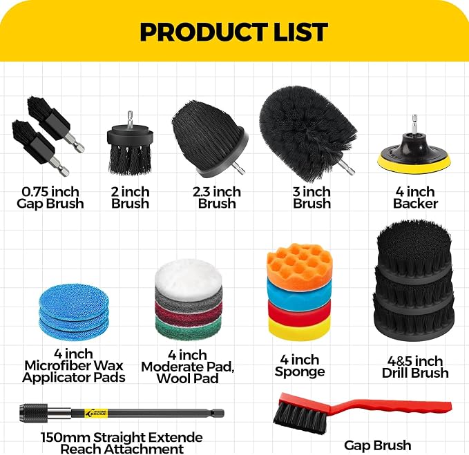 Holikme 22Pack Drill Brush Attachments Set, Scrub Pads & Sponge, Buffing Pads, Power Scrubber Brush, Car Polishing Pad Kit,Wax Applicator Pad,Car Cleaning Kit,Cleaning Supplies,Masonry Brushes,Black | Buffing Sponges, Nylon Grout Tools, Microfiber Wax ...