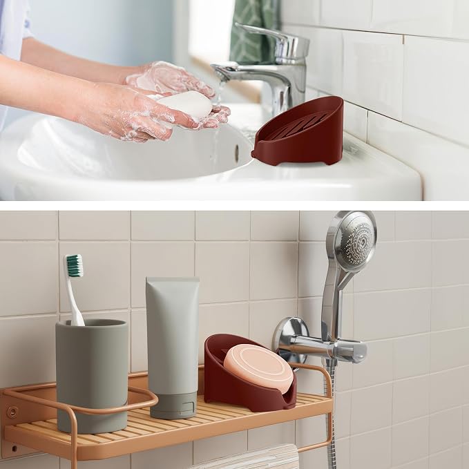 NiHome Silicone Sponge Holder for Kitchen Sink, Fits Scrub Daddy Mommy | Self-Draining Dispenser Organizer Tray, Sink Caddy Countertop Fits Soaps, Scrubber, Dishwasher Safe, Includes Brush, Dark Red