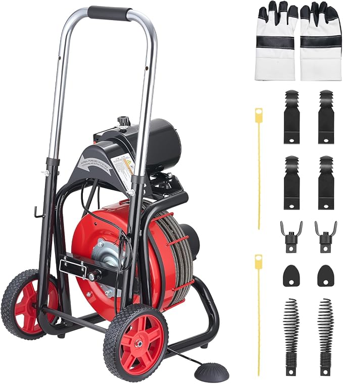 VEVOR Drain Cleaner Machine 100 FT x 1/2 Inch Auto Feed Sewer Snake Auger | Portable on Wheels, with 8 Cutters &, Air-Activated Foot Switch, Fits 2" to 6" Pipes