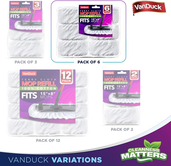 VanDuck 100% Cotton Terry Mop Pads 15x8 Inches, 6-Pack (Mop Not Included) | Reusable terry cloth mop covers, cotton replacement pads, floor cleaning refills, machine washable