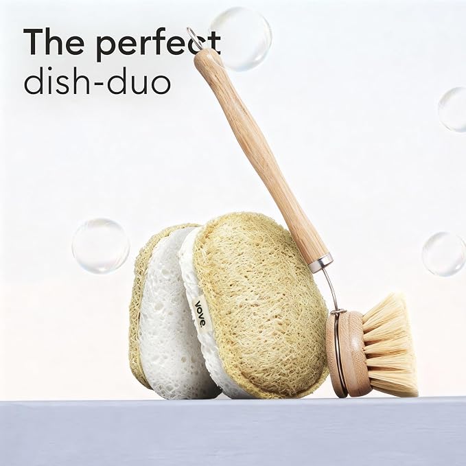 Vove Cleaning Duo, Bamboo Dish Brush Set and Natural Dish Sponges, FSC-Certified Bamboo, Sisal, Loofah, Cellulose, Plastic-Free, Eco-Friendly Zero-Waste Kitchen Dish Scrubber Set