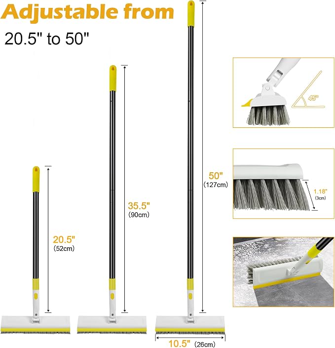 Floor Scrub Brush with 180° Rotating 50" Long Handle for Cleaning, 2 in 1 Scrape Scrubber Brush with Squeegee, Tile Tub Scrub Brushes Attachment for Clean Bathroom Deck Kitchen and Floor Wall