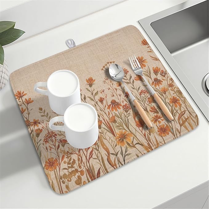 Fall Floral Dish Drying Mat for Kitchen Counter 16 x 18 Inch Autumn Sunflower Dish Drainer Mat Absorbent Microfiber Thanksgiving Dish Rack Pad for Coffee Dining Bar Kitchen Decor