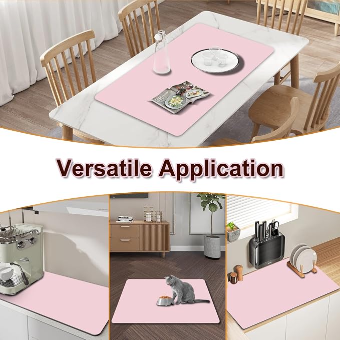 Dish Drying Mat for Kitchen, 16'' x 24'' Coffee Bar Mat for Countertops, Coffee Station Pad Mats with Non-slip Rubber Backed, Absorbent Dish Dying Mat for Kitchen Counter, Pink