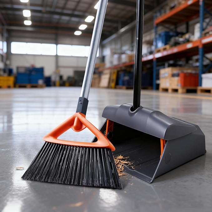CLEANHOME Heavy Duty Broom with Dustpan Combo Set, Grey | Indoor and Outdoor,Stiff Bristle, Commercial Angle Broom and Standing Dust Pans, Long Handle ,for Sweeping Home,Kitchen,Yard