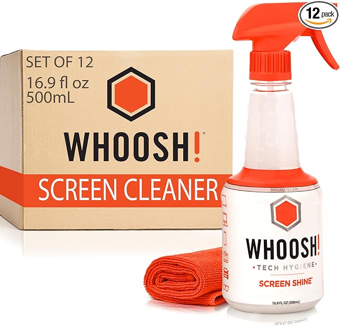 WHOOSH! Pro 16.9 fl oz Refillable TV Screen Cleaner & Microfiber Cloth - Streak-Free Cleaner for Flat Screens, OLED, LCD, Smart TV, Monitors - Non-Toxic, Odorless - Electronics Cleaning Kit, Set of 12