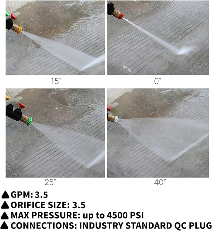 Pressure Washer Nozzle Tips 4500 PSI, Multiple Degrees,3.5GPM, 5Pcs | Pressure Washer Spray Nozzle Tips, 1/4 In Quick Connect, 0° 15° 25° 40° Soap Tip for Cleaning Car, Garden Road, Watering