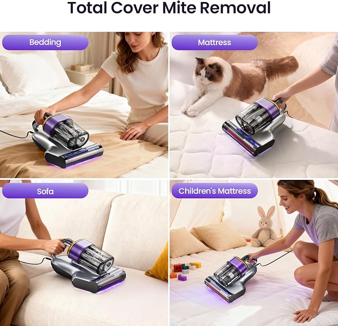Bed Vacuum Cleaner, Mattress Vacuum with 2 Roller Brushes 253.7nm UV-C Light & Ultrasonic,145°F Heat, HEPA Filter, 18kPa Suction 650W Powerful Handheld Vacuums for Dust & Pet Hair(Corded)