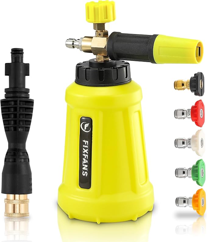 FIXFANS Foam Cannon, Compatible with Portland Husky Ryobi Pressure Washer | Wide Neck Pressure Washer Foam Lance, Power Washer Foam Blaster, 1/4 Inch Quick Connector, 5 Nozzles, 1L