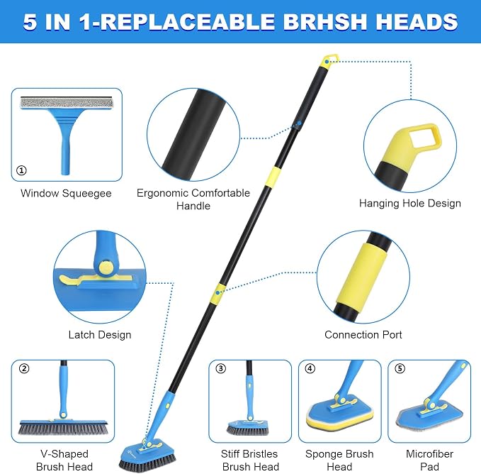 Tile Tub Scrubber Brush with 5 Different Function Cleaning Heads and 51" Extendable Long Handle Non Scratch Shower Scrubber for Cleaning Bathroom Kitchen Toilet Wall Bathtub