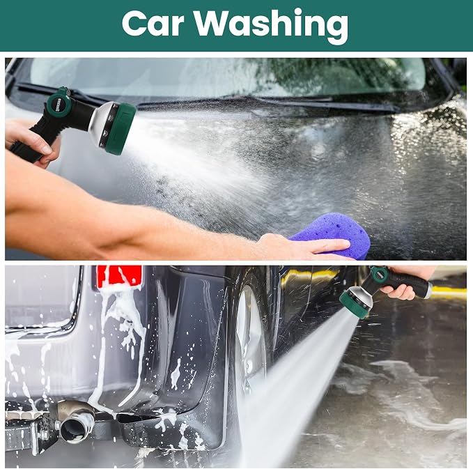 Garden Hose Nozzle, Heavy Duty Hose Sprayer with Thumb Control, 10 Spray Patterns, Reinforced Metal Shell, Comfortable Grip for Lawn, Plants, Car & Pet Washing – Forest Green