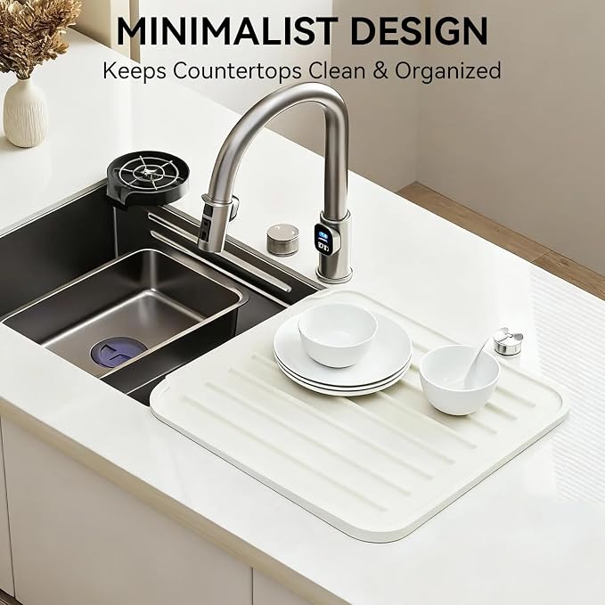 Silicone Dish Drying Mat, Drainage Spout, Extra Thick | Extra Thick 1.1" Silicone Mat , Drainage Spout , Heat Resistant Counter Protector , Sink & Coffee Station Use