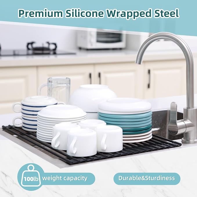 Ohuhu Roll Up Dish Racks, 16.5" L x 13" W Over The Sink Dish Drainer Drying Rack Kitchen Sink Organizer Silicone Wrapped Large in Sink Dish Drying Rack Foldable Rolling Drain Mats Anti-Slip