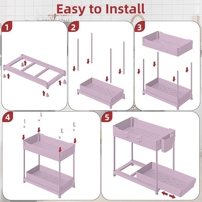 Sevenblue 4-Pack 2-Tier Under Sink Organizer with Pull Out Drawers | Multi-use kitchen & bathroom storage. Includes hanging hooks and cups. Pink, space-saving cabinet design. 12.8 Inch