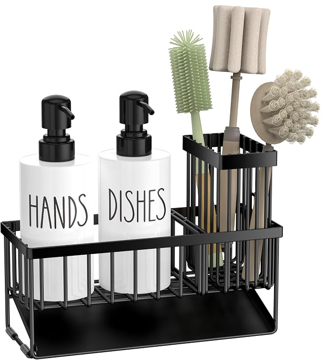 MASADI Kitchen Dish Soap Dispenser Set with Sponge Holder, 12OZ Glass Bottle, Hand and Dish Soap Dispenser Set, Non-Slip Silicone Pad, Brush Holder, Kitchen Sink Organizer Countertop (Black+White)