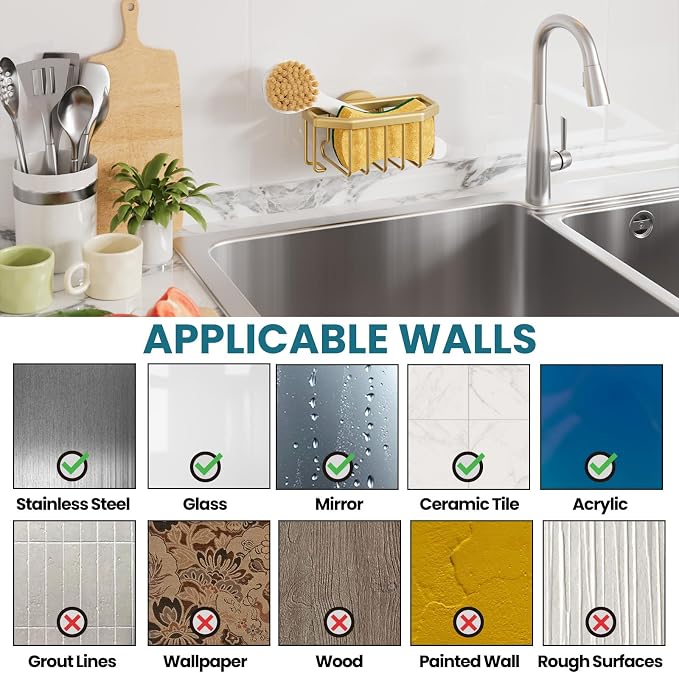 TAILI Sponge Holder for Kitchen Sink with Strong Suction Cup, Rustproof Aluminum Sink Caddy for Sponges, Brushes, Stoppers & Scrapers, Gold