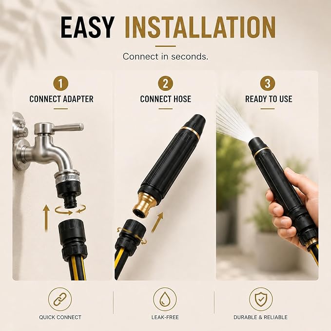 High Pressure Hose Nozzle, Full Metal Hose Sprayer with Adjustable Spray | Heavy duty construction with powerful water flow for car washing, garden watering, patio cleaning and outdoor tasks.