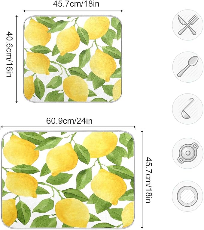 Lemon Yellow Tree Dish Drying Mat for Kitchen, Absorbent Microfiber Drying Pad Dish Mat, 16" X 18"