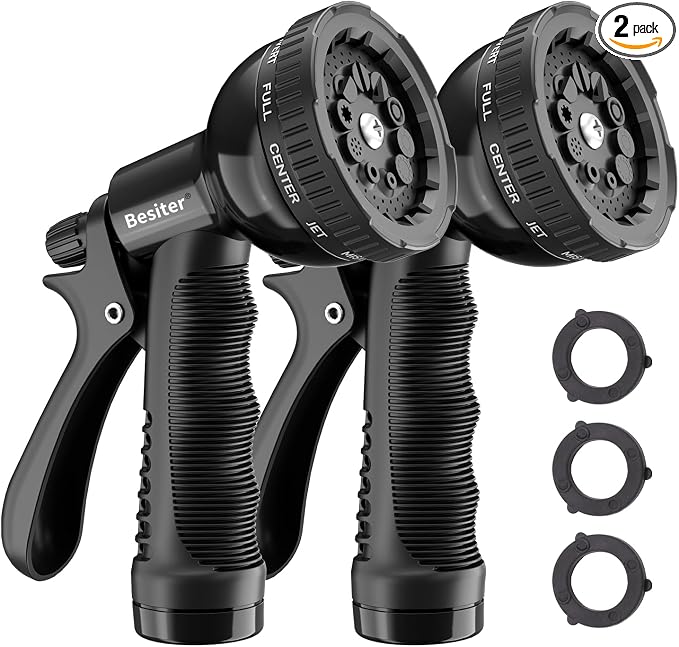 Besiter Garden Hose Nozzle Sprayer: 2 Pack 10 Watering Patterns Spray Nozzles Heavy Duty Hose Head Hose Attachment Black