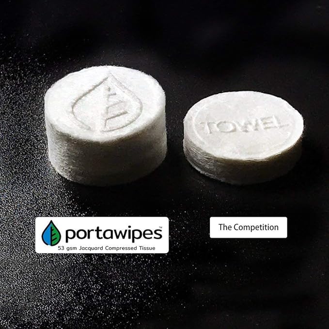 Portawipes Coin Tissues | 50 Pack with 5 Carrying Cases | Toilet Paper Tablets | Compressed Towels | Expandable Wipes | Soft & Odor Free