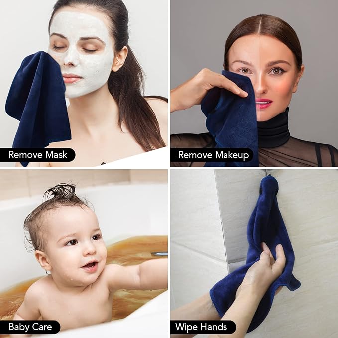 SINLAND Microfiber Facial Cloths Fast Drying Washcloth 12inch x 12inch (Pack of 2, Navy Blue)